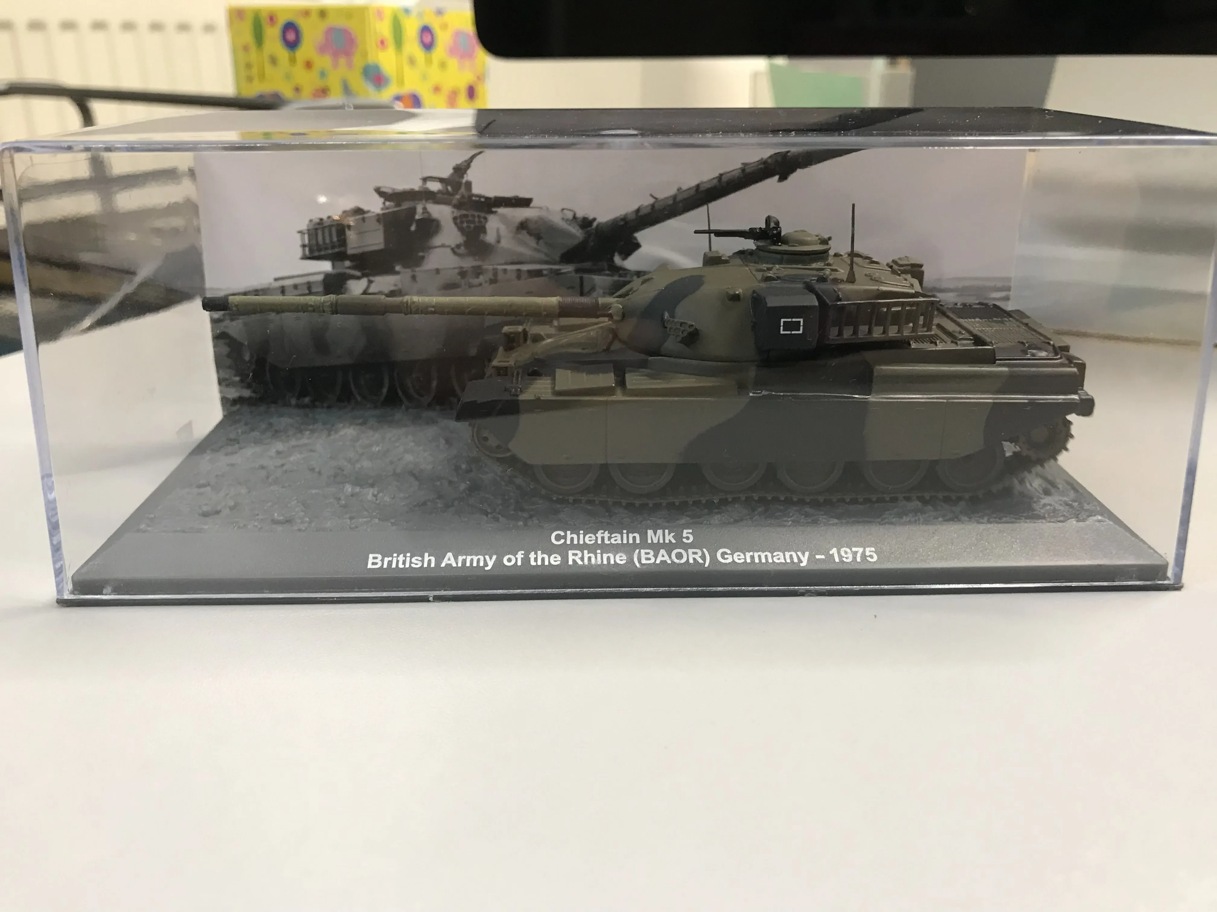Chieftain tank diecast model in display case