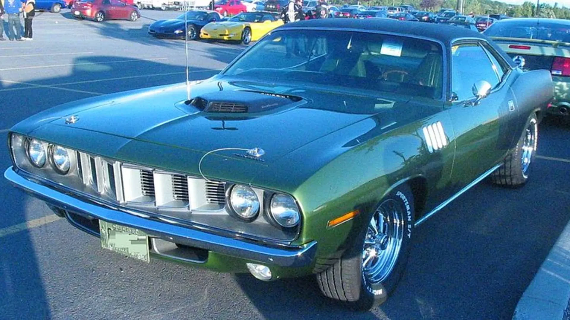 Close-up of classic American muscle cars