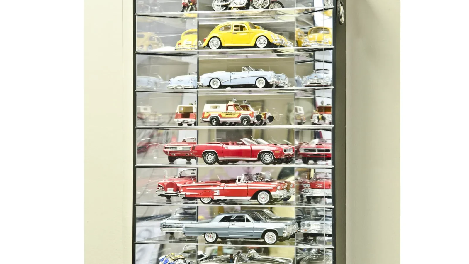 Display case with die-cast cars
